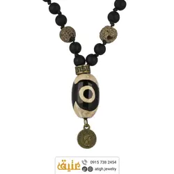 سینه ریز مهره لول عقیق چشم دار، لاوا خاکی و عقیق سیاه مات معدنی بافت گره ای چشم نظر