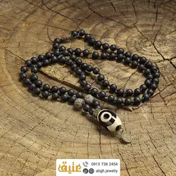 سینه ریز مهره لول عقیق چشم دار، لاوا خاکی و عقیق سیاه مات معدنی بافت گره ای چشم نظر