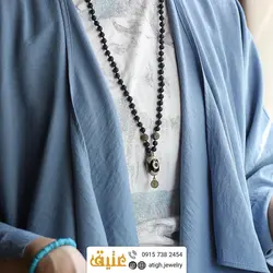 سینه ریز مهره لول عقیق چشم دار، لاوا خاکی و عقیق سیاه مات معدنی بافت گره ای چشم نظر