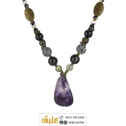 سینه ریز چندسنگ آمتیست راف، لابرادوریت، یاقوت گارنت سرپنتین طوسی، صدف مشکی و عقیق باباقوری معدنی