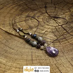 سینه ریز چندسنگ آمتیست راف، لابرادوریت، یاقوت گارنت سرپنتین طوسی، صدف مشکی و عقیق باباقوری معدنی