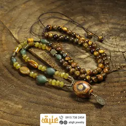 سینه ریز لوکس مهره لول عقیق تبتی چشم دار، زبرجد، چشم ببر با تراش های مختلف معدنی بسیار خاص