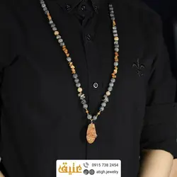سینه ریز چندسنگ دُر حسینی راف، لابرادوریت، سان استون مات، عقیق نامنظم هندی و سرپنتین طوسی مات معدنی