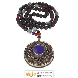 سینه ریز لاجورد افغان، سرپنتین(مارسنگ) عقیق سرخ و لاوا معدنی درشت طرح عتیقه رو مانتویی