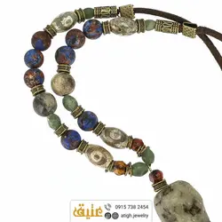 سینه ریز آنتیک یشم مویی تراش دست، عقیق چشمی، جاسپر، عقیق سرخ و سرپنتین