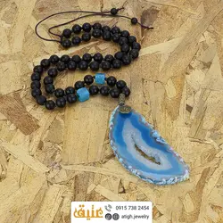 سینه ریز اسلایس ژئود عقیق آبی سلیمانی بسیار خوشرنگ، عقیق دراگون مکعبی و عقیق سیاه مات معدنی با نقش و نگار خاص بافت گره ای