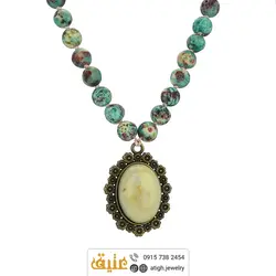 سینه ریز عقیق شیری دامله خوشرنگ و فیروزه مات آفریقایی معدنی طرح فلاور بافت گره ای