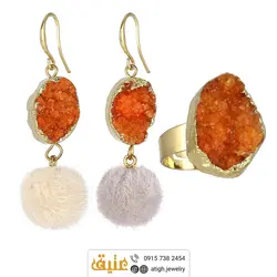 نیم ست کوارتز نارنجی بلور معدنی درشت بسیار خوشرنگ منگوله ای