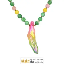 سینه ریز کوارتز تیتانیوم تراش نامنظم، عقیق سبز، کوارتز صورتی و عقیق زرد معدنی هارمونی رنگ زیبا