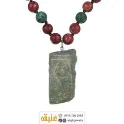 سینه ریز آنتیک جاسپر سبز، فیروزه آفریقایی و رودونیت مات معدنی طرح مقبره بافت گره ای