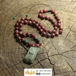 سینه ریز آنتیک جاسپر سبز، فیروزه آفریقایی و رودونیت مات معدنی طرح مقبره بافت گره ای