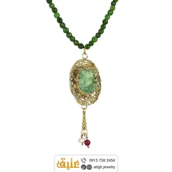 سینه ریز بلور طبیعی کوارتز سیم بافت، جید سرخ و سبز تراشدار و مروارید پرورشی نامنظم طبیعی