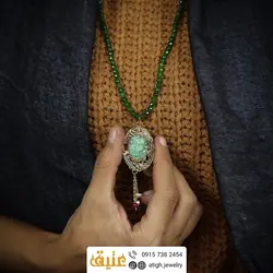 سینه ریز بلور طبیعی کوارتز سیم بافت، جید سرخ و سبز تراشدار و مروارید پرورشی نامنظم طبیعی