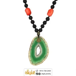 سینه ریز اسلایس عقیق سبز سلیمانی ژئود دار، مرجان گلبهی و لاوا طبیعی بافت گره ای بسیار خاص