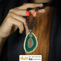سینه ریز اسلایس عقیق سبز سلیمانی ژئود دار، مرجان گلبهی و لاوا طبیعی بافت گره ای بسیار خاص