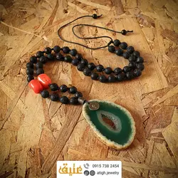 سینه ریز اسلایس عقیق سبز سلیمانی ژئود دار، مرجان گلبهی و لاوا طبیعی بافت گره ای بسیار خاص