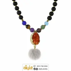 سینه ریز هفت سنگ چاکرا سنگ های قیمتی با آویز کوارتز نارنجی و انیکس مات معدنی