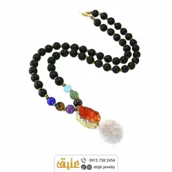 سینه ریز هفت سنگ چاکرا سنگ های قیمتی با آویز کوارتز نارنجی و انیکس مات معدنی