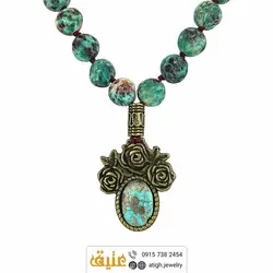 سینه ریز فیروزه نیشابوری و فیروزه آفریقایی معدنی بافت گره فریم طرح گل بسیار خوشرنگ