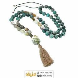 سینه ریز عقیق خزه ای، آمازونیت دانه هلی و سرپنتین (مارسنگ) مات معدنی همراه منگوله ابریشمی