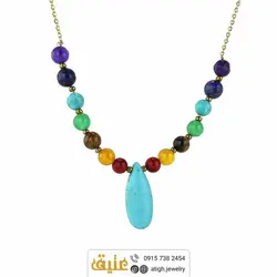 سینه ریز هفت سنگ چاکرا طبیعی و آویز فیروزه تبتی اشکی استیل