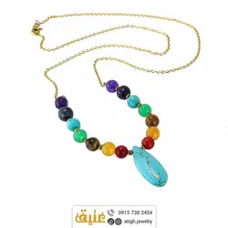 سینه ریز هفت سنگ چاکرا طبیعی و آویز فیروزه تبتی اشکی استیل