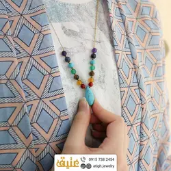 سینه ریز هفت سنگ چاکرا طبیعی و آویز فیروزه تبتی اشکی استیل