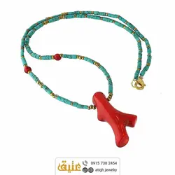 سینه ریز مرجان شاخه ای و فیروزه تبتی استوانه ای معدنی