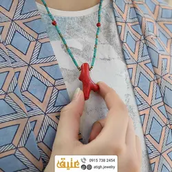 سینه ریز مرجان شاخه ای و فیروزه تبتی استوانه ای معدنی