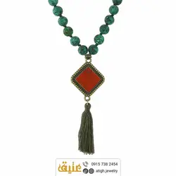 سینه ریز جاسپر قرمز و فیروزه آفریقایی مات معدنی فریم برنزی