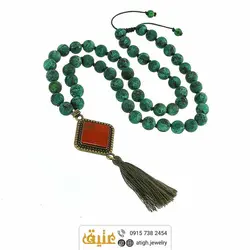 سینه ریز جاسپر قرمز و فیروزه آفریقایی مات معدنی فریم برنزی