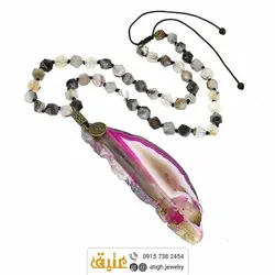 سینه ریز اسلایس عقیق سلیمانی صورتی و عقیق شجری تراش استار خوش نقش گره ای