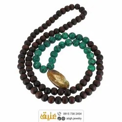 سینه ریز جاسپر عسلی و فیروزه سبز آفریقایی مات معدنی بهمراه چوب زیتون‌