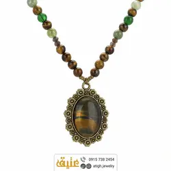 سینه ریز چشم ببر، عقیق سبز، یشم و کوارتز دودی معدنی‌ فریم طرح گل‌‌‌