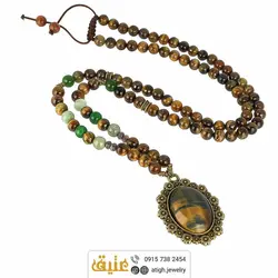 سینه ریز چشم ببر، عقیق سبز، یشم و کوارتز دودی معدنی‌ فریم طرح گل‌‌‌