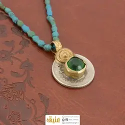 سینه ریز سکه عقیق سبز و رشته فیروزه تراشدار طرح عتیقه