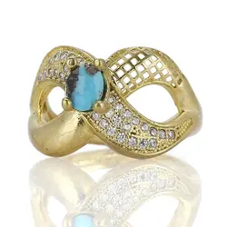 انگشتر زنانه فیروزه نیشابوری شجری معدنی با نقش و نگار خاص رکاب طلا روسی طرح پاپیون با نگین های درخشان سایز 56 استاندارد