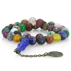 تسبیح احجار الشفاء (سنگ درمانی)، هفت سنگ چاکرا و محافظ هاله انرژی ۳۳ دانه شیخک عقیق آبی معدنی سری بینظیر سنگ های کمیاب ۳۴ نوع سنگ آویز سکه