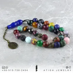 تسبیح احجار الشفاء (سنگ درمانی)، هفت سنگ چاکرا و محافظ هاله انرژی ۳۳ دانه شیخک عقیق آبی معدنی سری بینظیر سنگ های کمیاب ۳۴ نوع سنگ آویز سکه