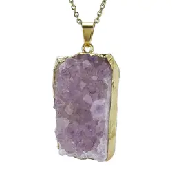 گردنبند آمتیست تراش نخورده (راف) بلور معدنی خوشرنگ کیفیت عالی سنگ درمانی مستطیل همراه زنجیر استیل یا بند چرم
