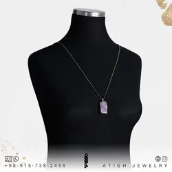 گردنبند آمتیست تراش نخورده (راف) بلور معدنی خوشرنگ کیفیت عالی سنگ درمانی مستطیل همراه زنجیر استیل یا بند چرم