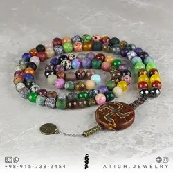 تسبیح و گردنبند لوکس احجار الشفاء (سنگ درمانی) ۴۳ نوع سنگ، هفت سنگ چاکرا، حدید محافظ هاله انرژی ۱۰۱ دانه دستساز با شیخک جاسپر تبتی سوخته حکاکی نقوش خاص بافت مکرومه دستساز آویز سکه