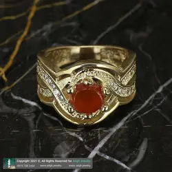 انگشتر عقیق سرخ معدنی کیفیت عالی خوشرنگ رکاب طلا روسی نگین کاری درخشان دور چنگ طرح بافت