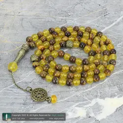 تسبیح چشم ببر کیفیت عالی و عقیق زرد معدنی شفاف 101 دانه دستساز اسلیمی