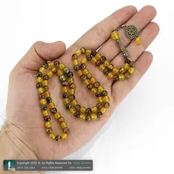 تسبیح چشم ببر کیفیت عالی و عقیق زرد معدنی شفاف 101 دانه دستساز اسلیمی