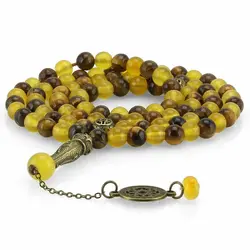 تسبیح چشم ببر کیفیت عالی و عقیق زرد معدنی شفاف 101 دانه دستساز اسلیمی