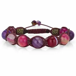 دستبند عقیق سلیمانی ماداگاسکار صورتی با نقش و نگار زیبا دور بافت چرمی مکرومه فری سایز