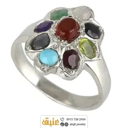 انگشتر چند جواهر ۹ نگین معدنی هفت سنگ چاکرا مرغوب رکاب نقره دستساز همراه با 