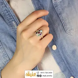 انگشتر چند جواهر ۹ نگین معدنی هفت سنگ چاکرا مرغوب رکاب نقره دستساز همراه با 