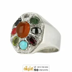 انگشتر چند جواهر ۹ نگین معدنی هفت سنگ چاکرا مرغوب رکاب نقره دستساز همراه با 